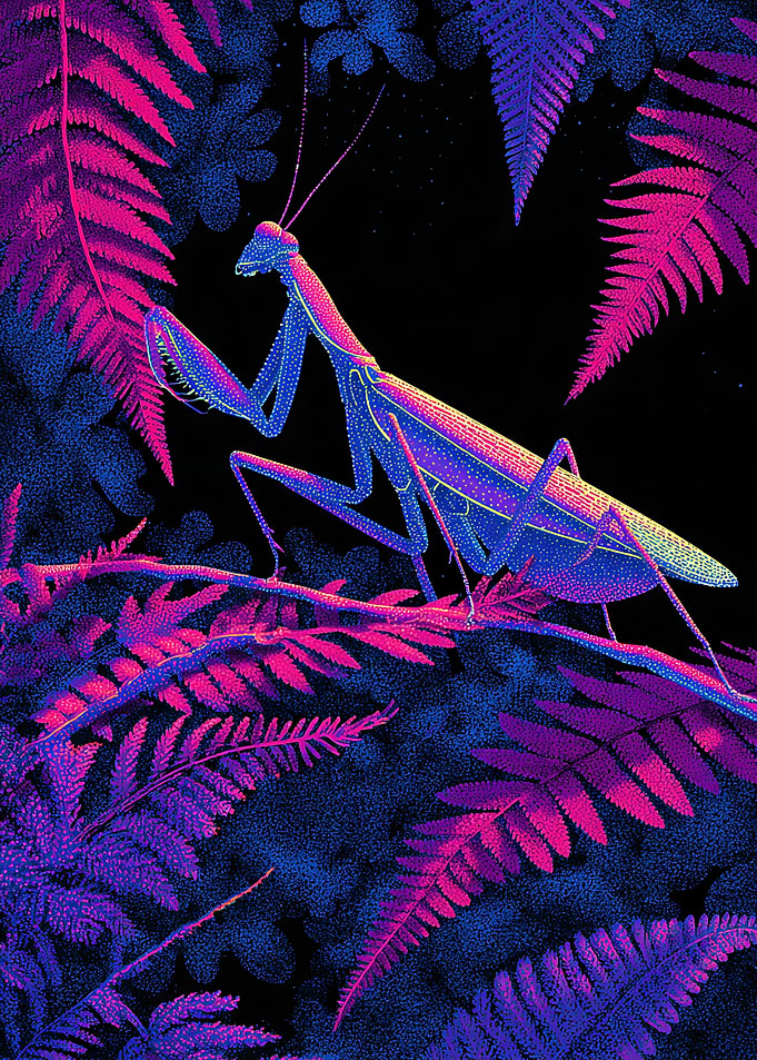 Neon Praying Mantis in Ferns
