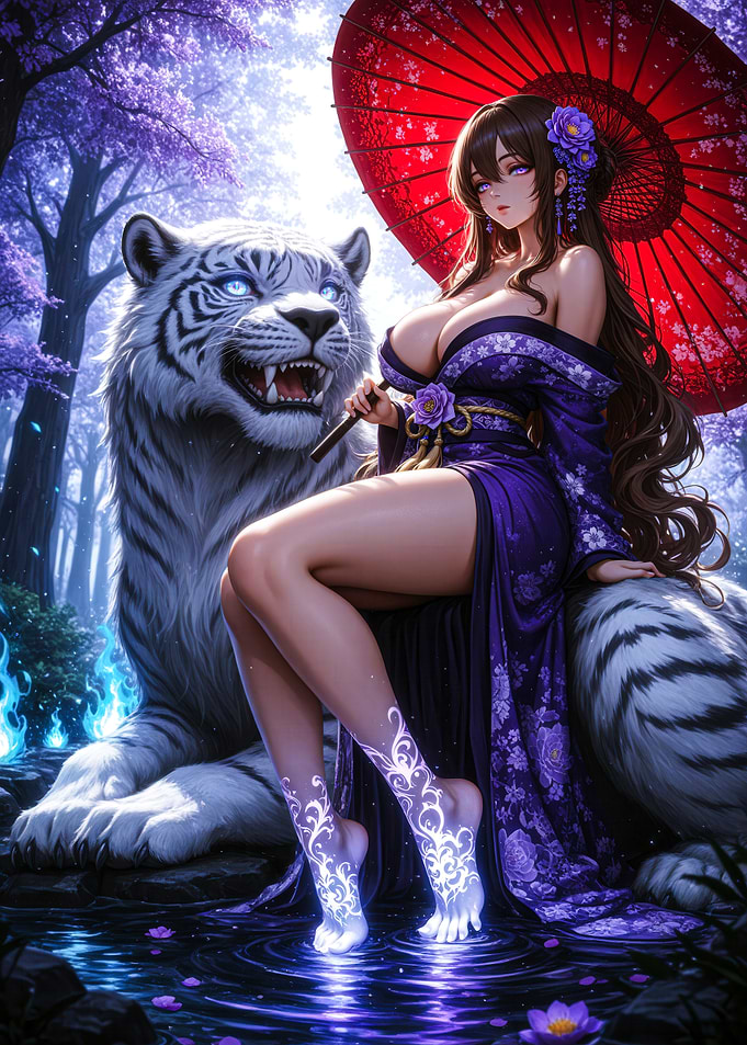 Anime Girl with White Tiger