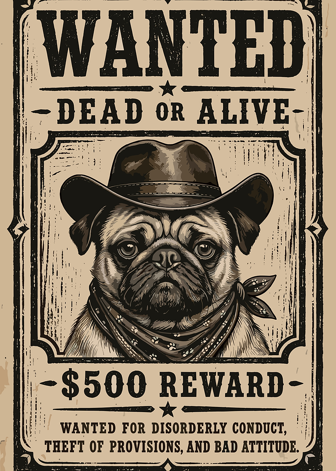 Wanted Pug Cowboy Poster