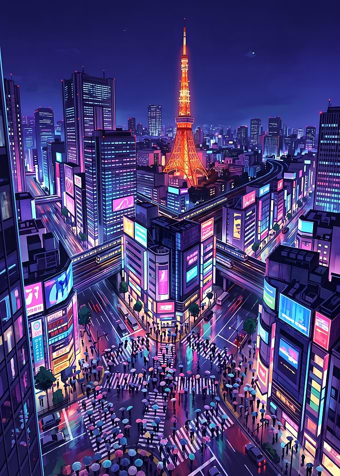 Tokyo Tower Neon Rainy Night