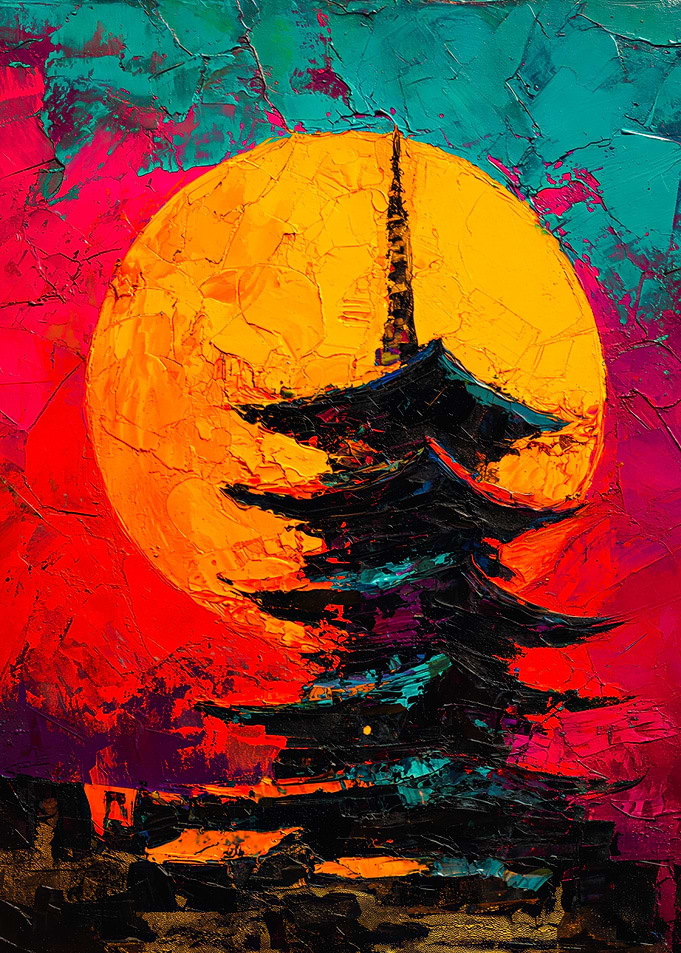 Black Pagoda Silhouette Against Giant Golden Sun