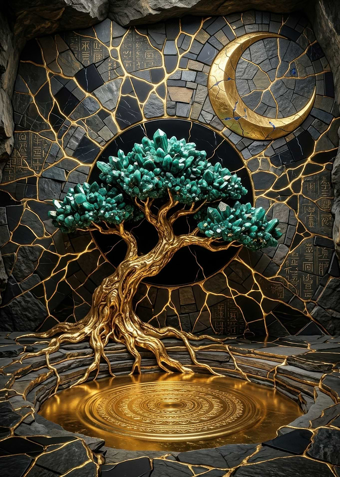 Golden Kintsugi Crystal Bonsai Tree