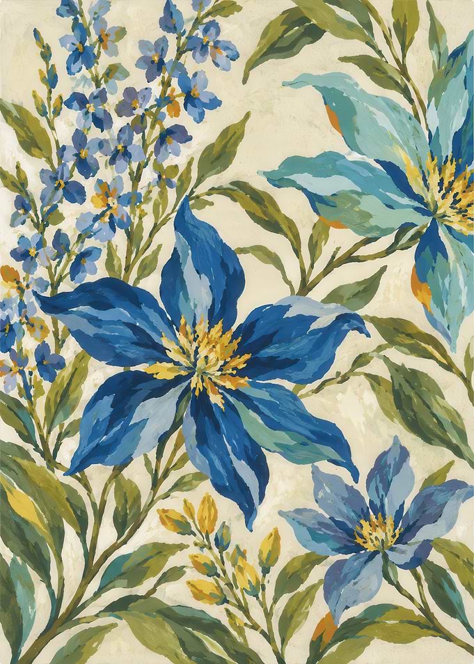 Blue Clematis Floral Botanical Painting