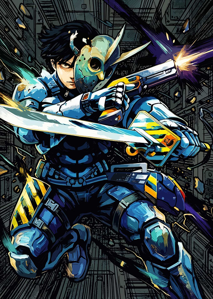 Cyberpunk Warrior with Mask and Sword