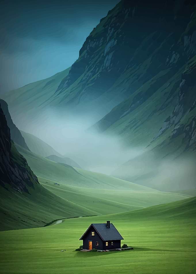 Lonely Cabin in Misty Valley