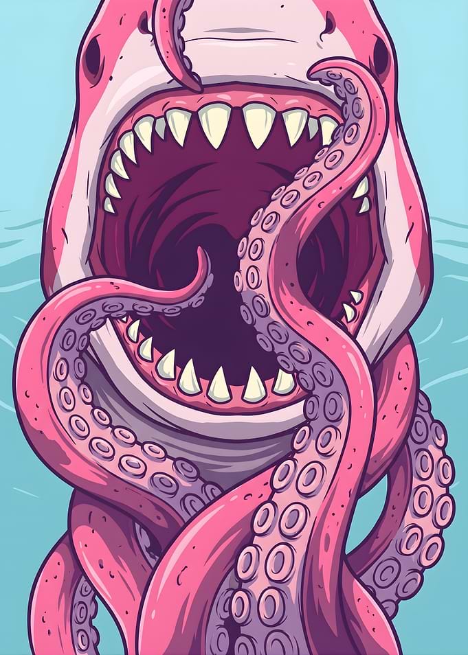 Pink Shark and Octopus Tentacles Illustration