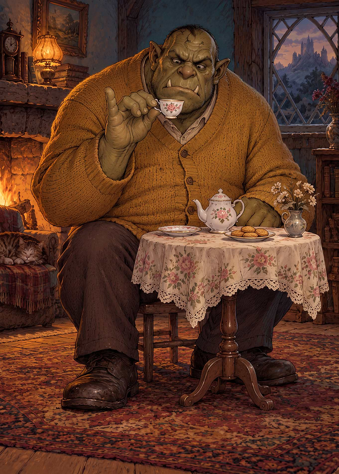 Orc Enjoying Tea and Cookies