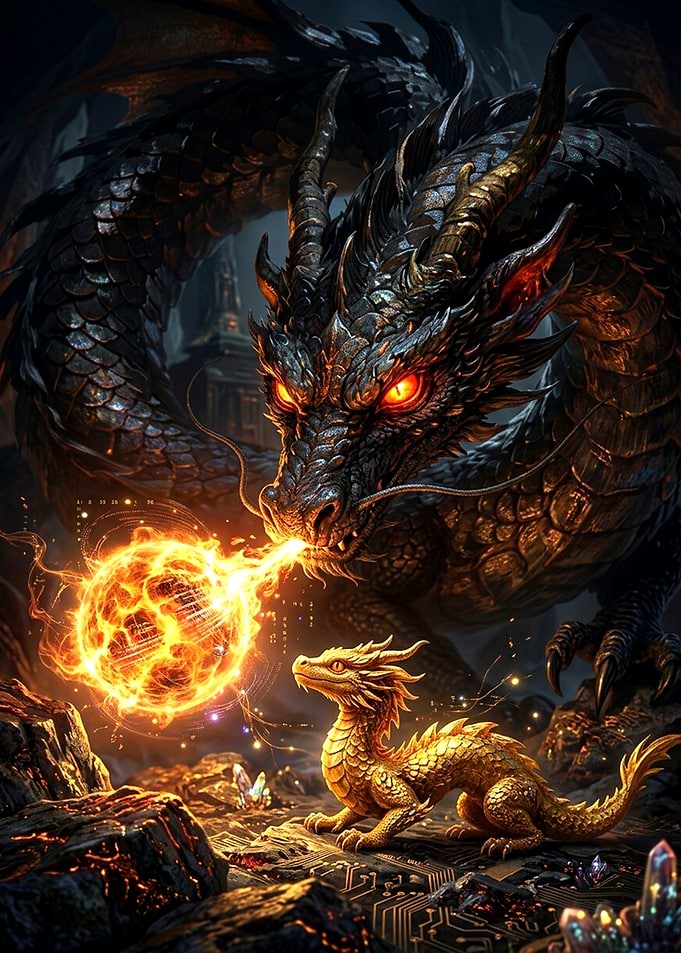 Ancient Dragon Teaching Golden Dragonling