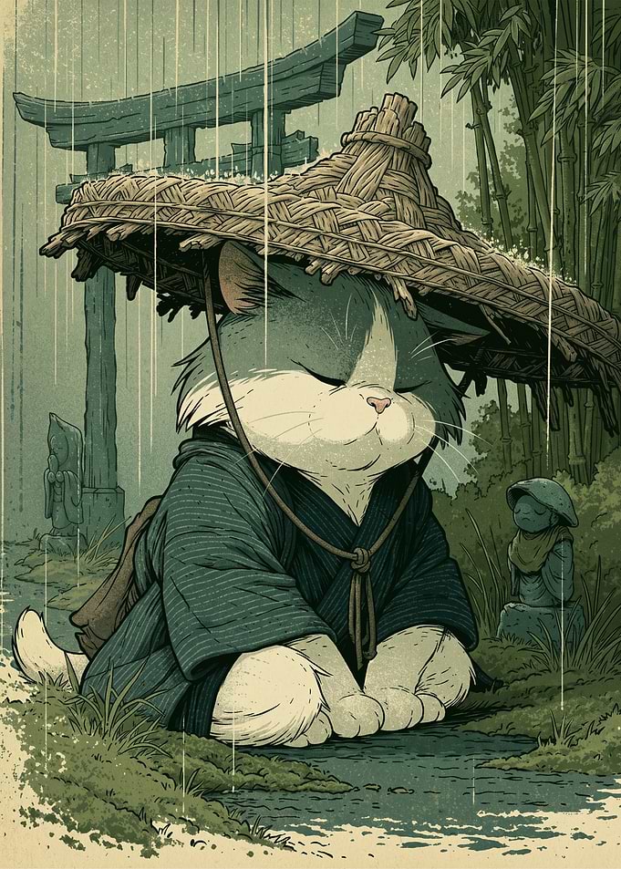 Meditating Cat in Traditional Japanese Attire