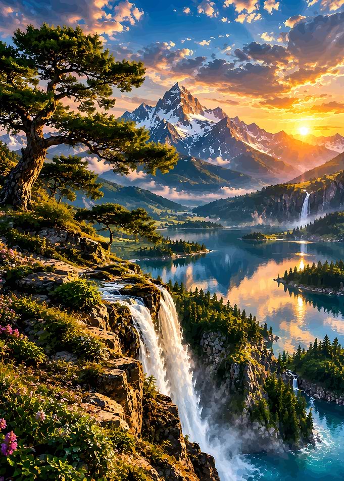 Majestic Mountain Waterfall at Sunset