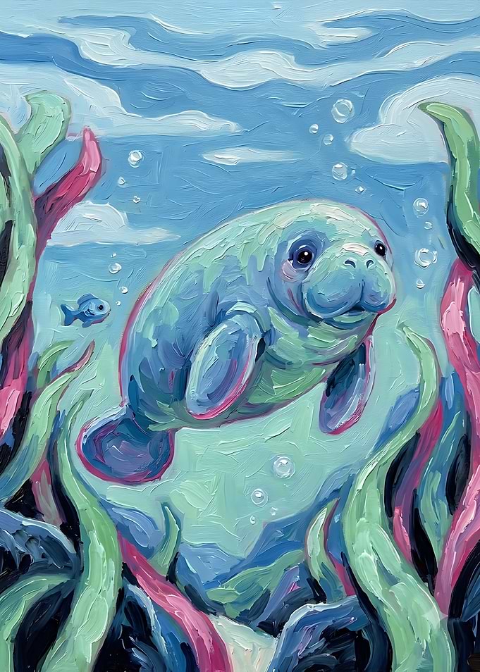 Whimsical Oil Painting of a Manatee