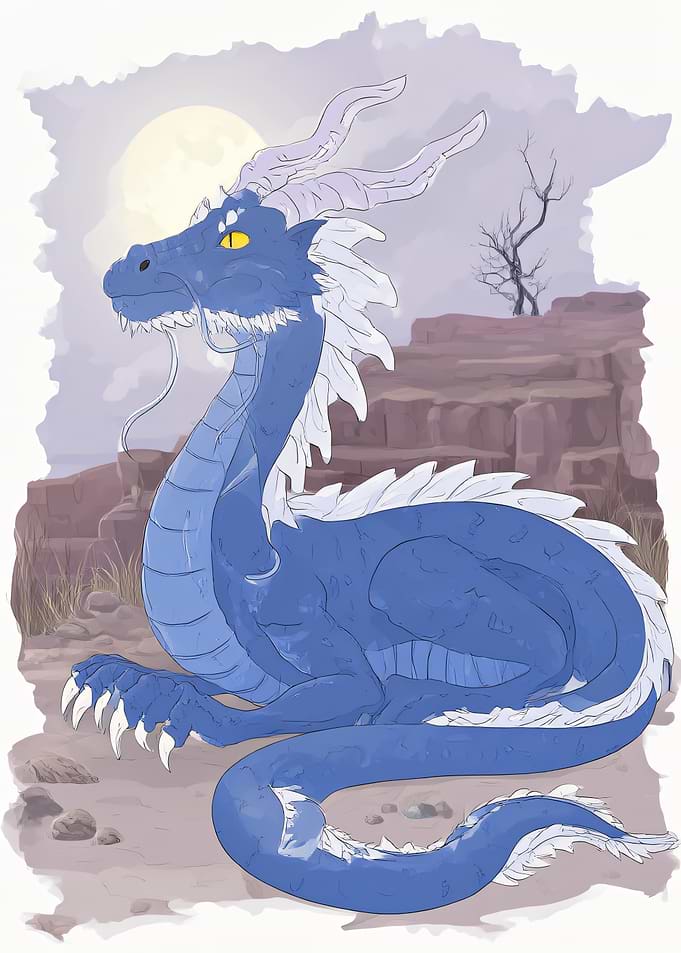 Blue Dragon Resting in Barren Landscape