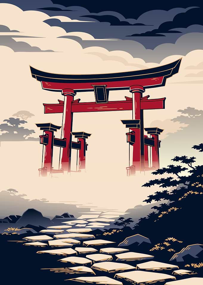 Japanese Torii Gate Ukiyo-e Metal Poster, No Text