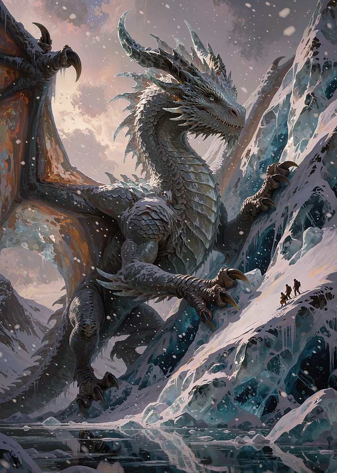 Majestic Ice Dragon in Snowy Mountains