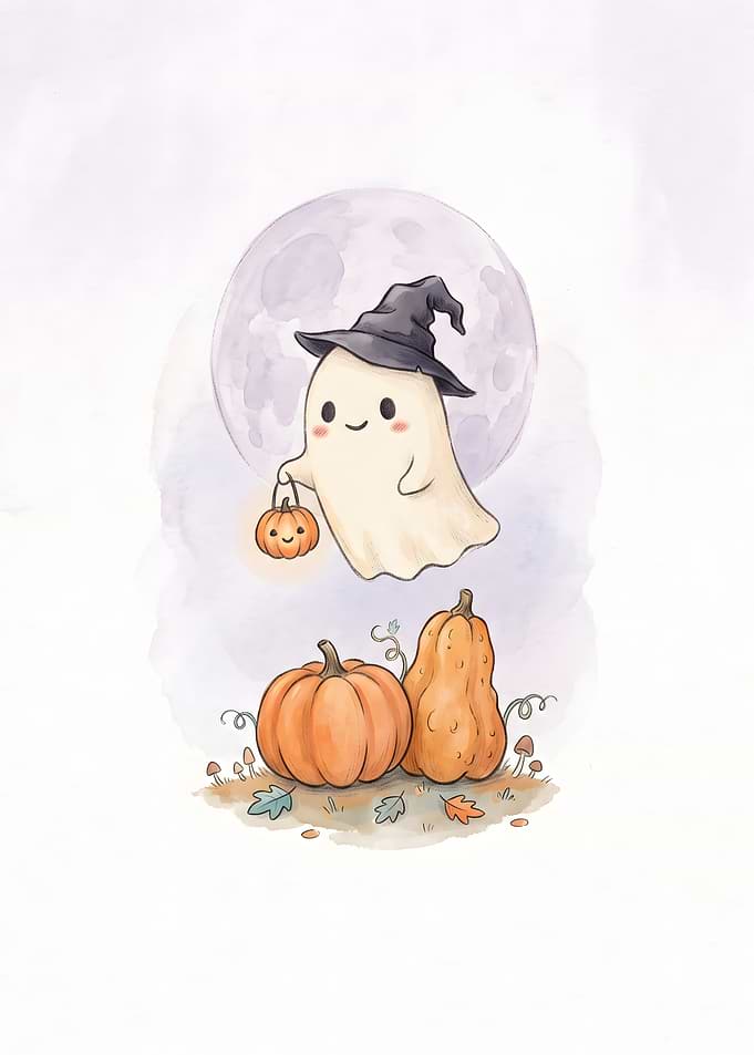 Cute Ghost with Pumpkins Illustration
