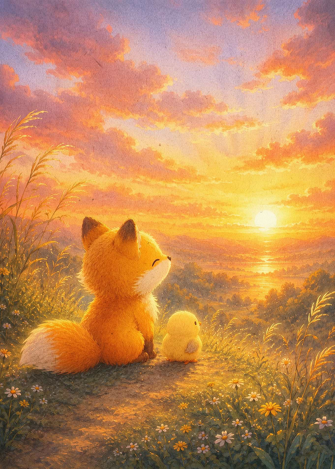 Fox and Chick Sunset Cozy Art Poste