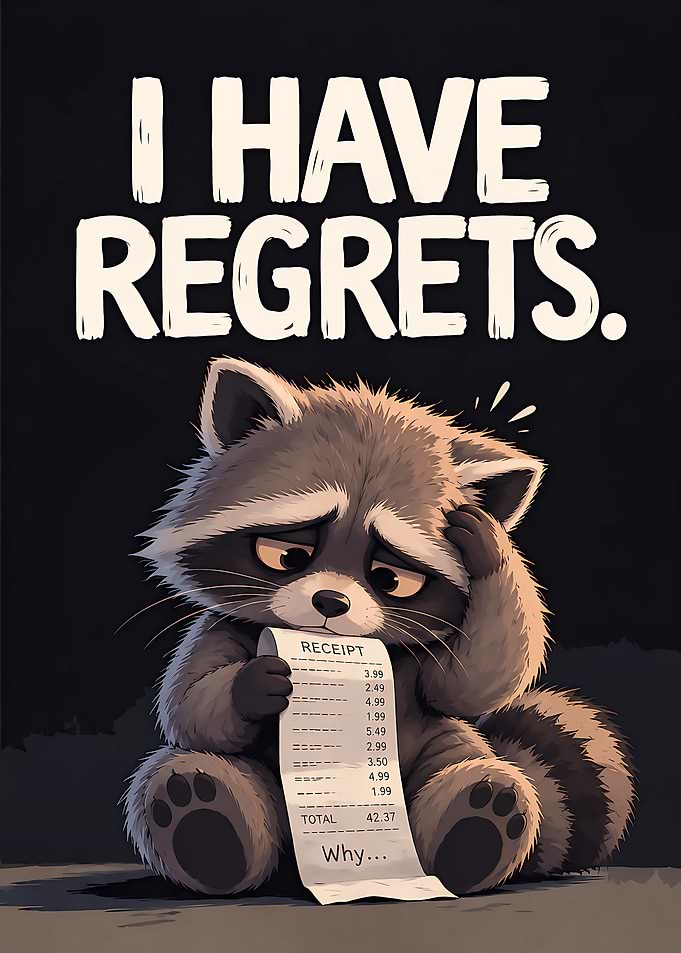 Funny Sad Raccoon I Have Regrets Shopping Poster
