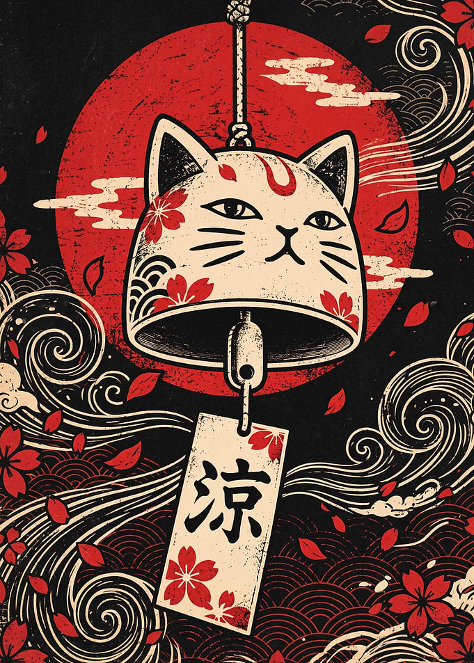 Japanese Cat Wind Chime Illustration