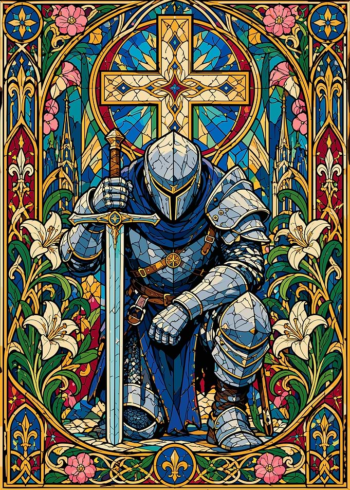 Stained Glass Knight Kneeling with Sword