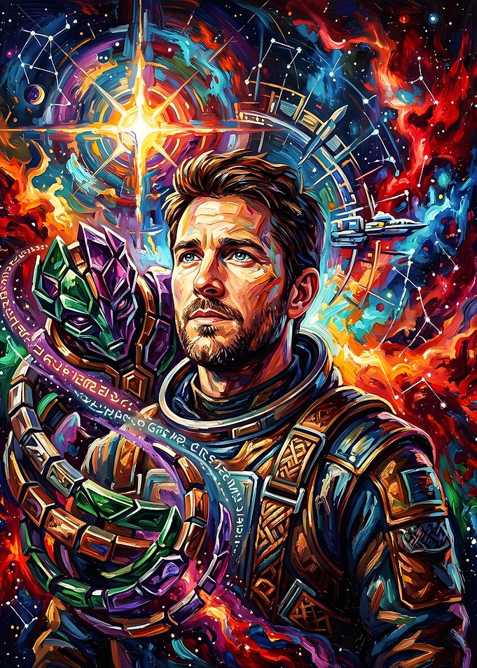 Astronaut with Alien Artifact in Space