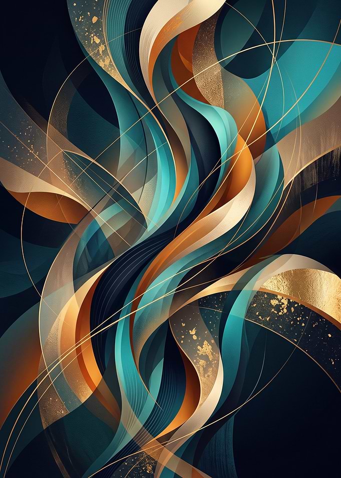 Abstract Teal and Gold Flowing Waves
