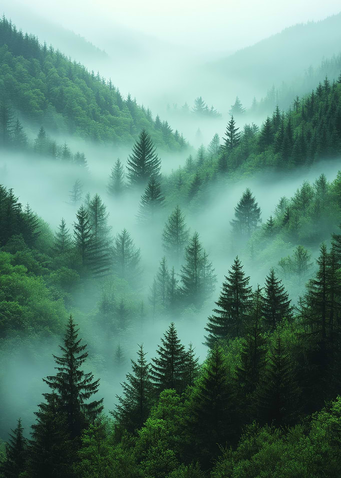 Misty Evergreen Forest Valley