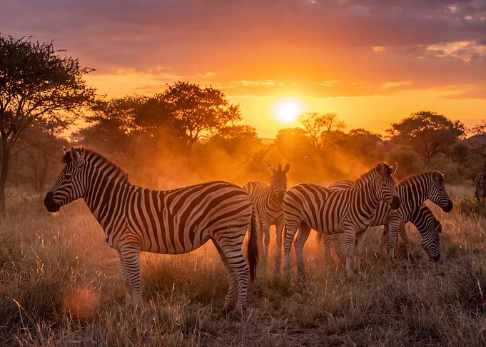 Zebras in African Savanna Sunset