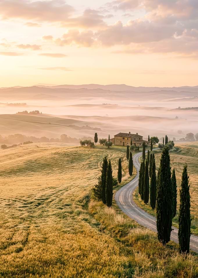 Tuscany Sunrise Rolling Hills Cypress Road Farmhouse Misty Val d'Orcia Digital Landscape Art