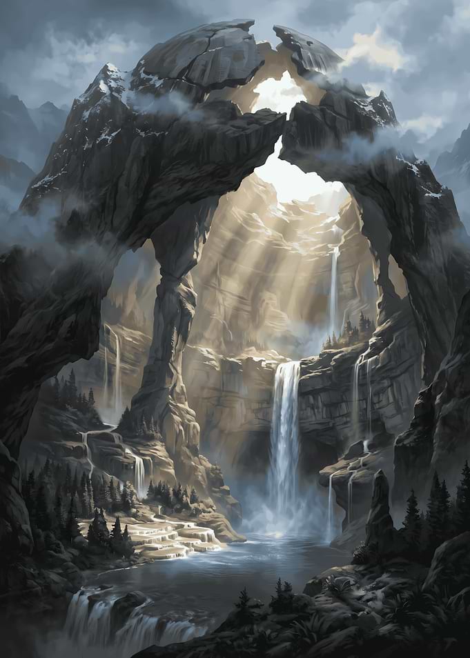 Majestic Mountain Arch with Waterfall