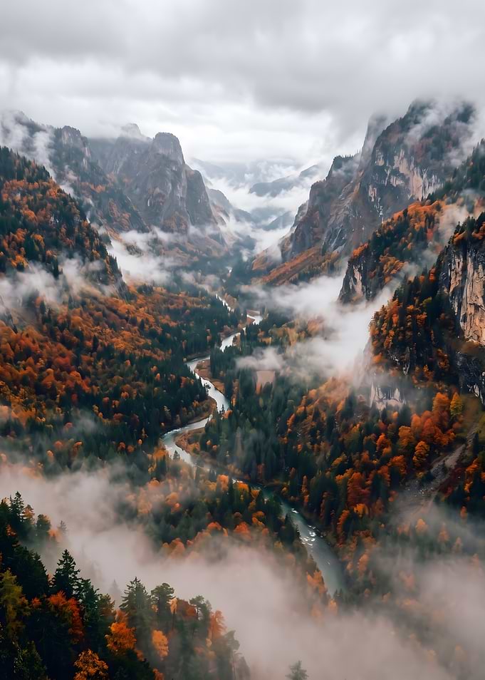 Misty Autumn Mountain Valley River
