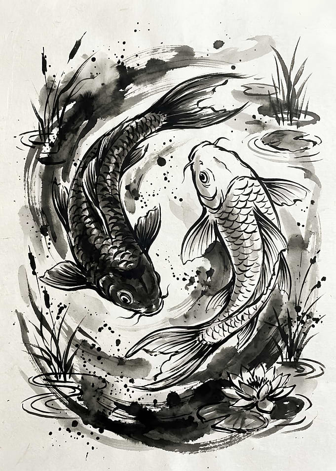 Black and White Koi Fish Painting