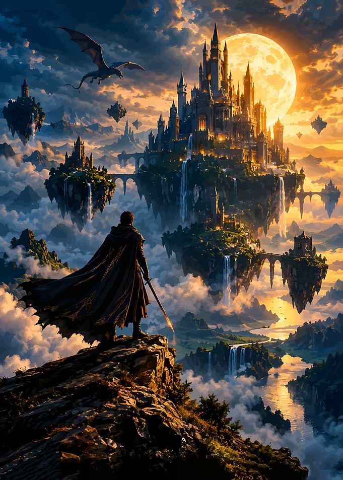 Warrior Overlooking Floating Fantasy Castle