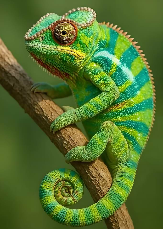 Vibrant Veiled Chameleon on Branch
