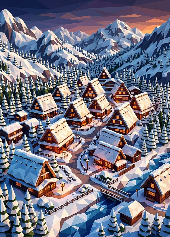 Low Poly Winter Village Landscape