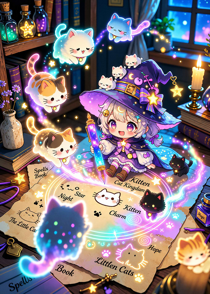 Chibi Witch Summoning Magical Kittens