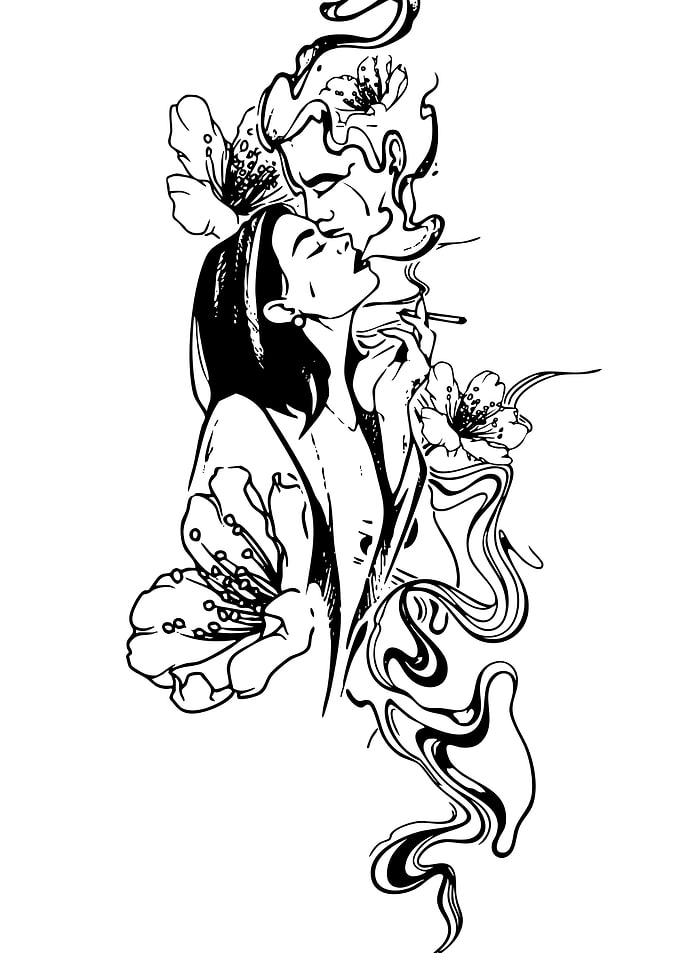 Woman Smoking with Floral Accents