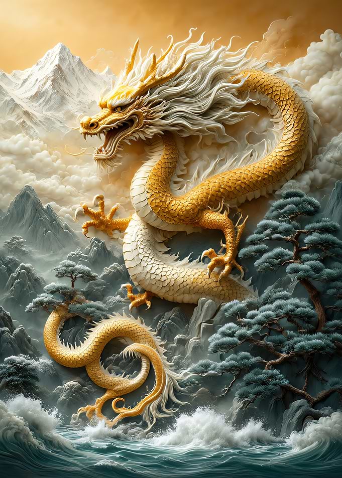 Majestic Golden Dragon in Mountain Landscape