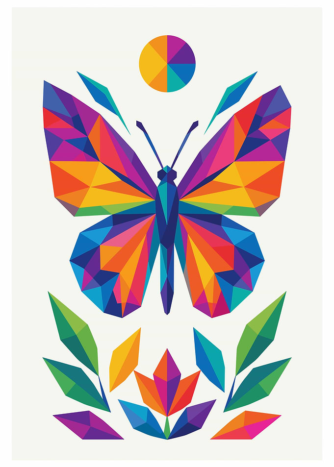 Geometric Rainbow Butterfly and Flower Art