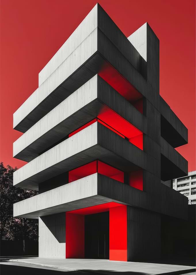 Brutalist Building with Red Accents