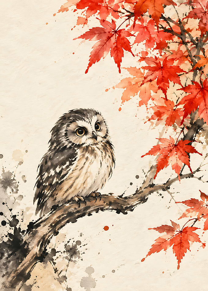 Watercolor Owl on Maple Branch