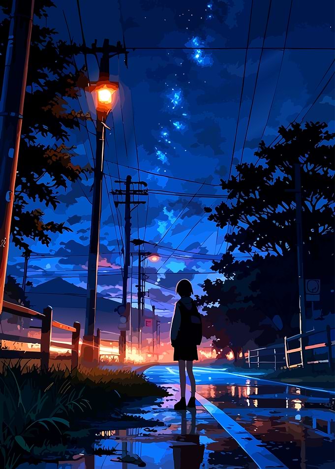 Anime Girl Standing on Rainy Road