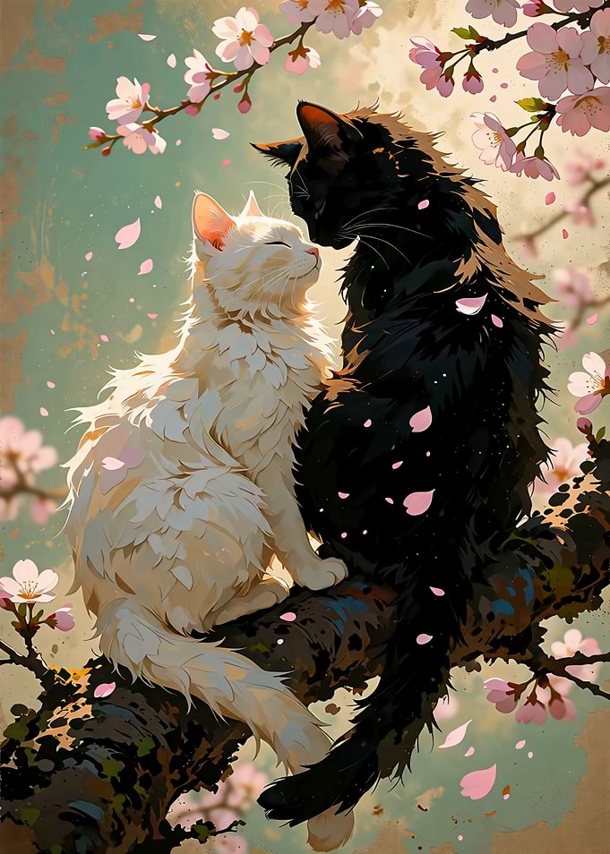 Two Cats Sitting in Cherry Blossoms