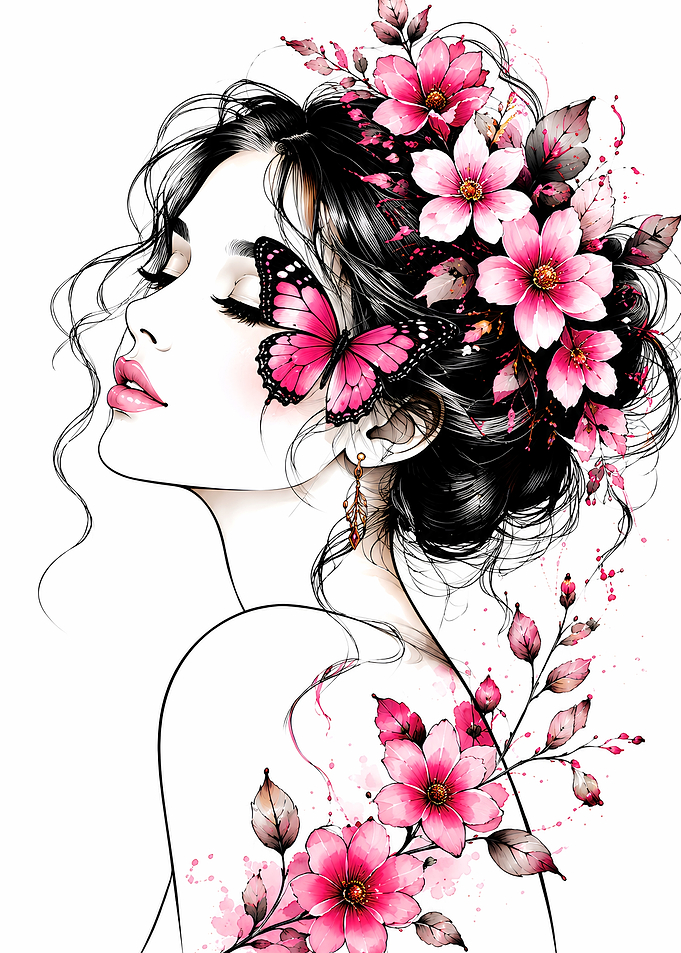 Elegant Woman with Pink Flowers and Butterfly