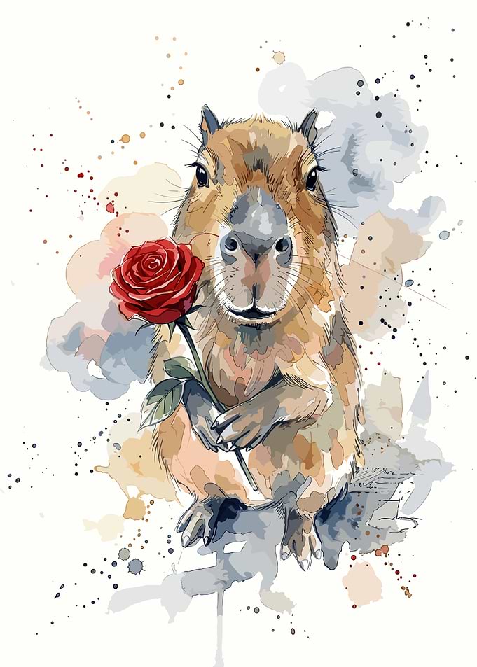 Capybara Holding a Red Rose