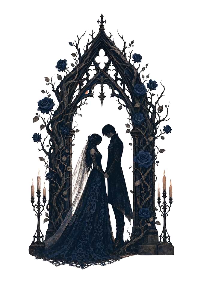 Gothic Wedding Couple Under Rose Arch