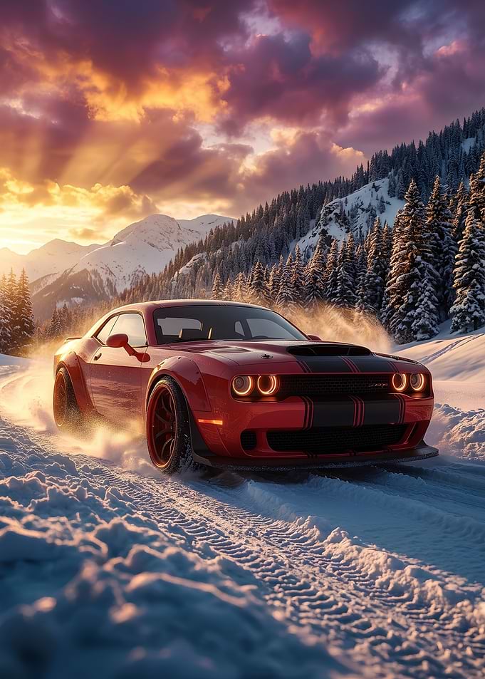 Red Dodge Challenger in Snowy Mountains