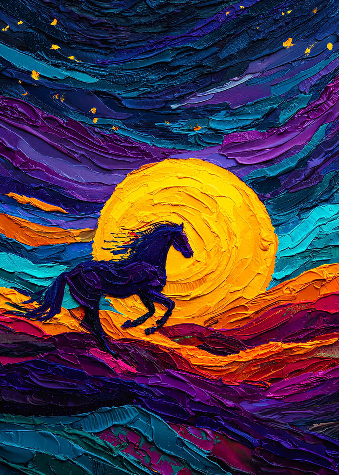 Black Horse Galloping Beneath Giant Golden Sun
