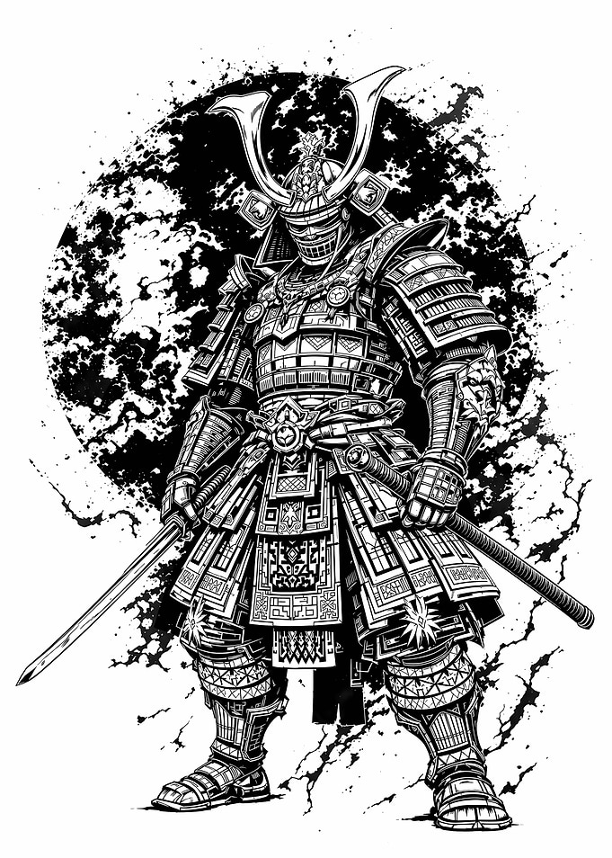 Intricate Black and White Samurai Illustration