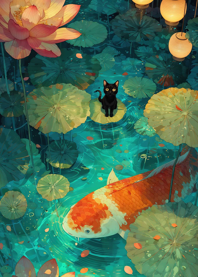Black Cat Watching Koi In Lotus Pond