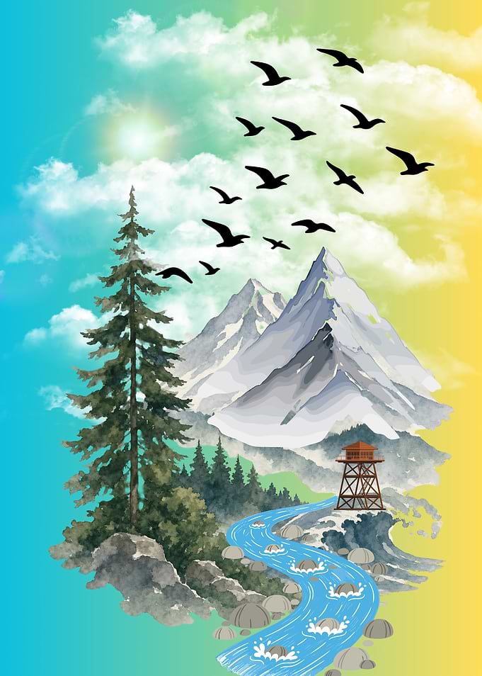 Watercolor Mountain Landscape with Fire Lookout